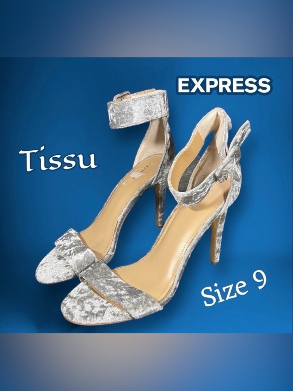Express Velour Special Occasion Party Cocktail Open Toe Heels Silver Size 9